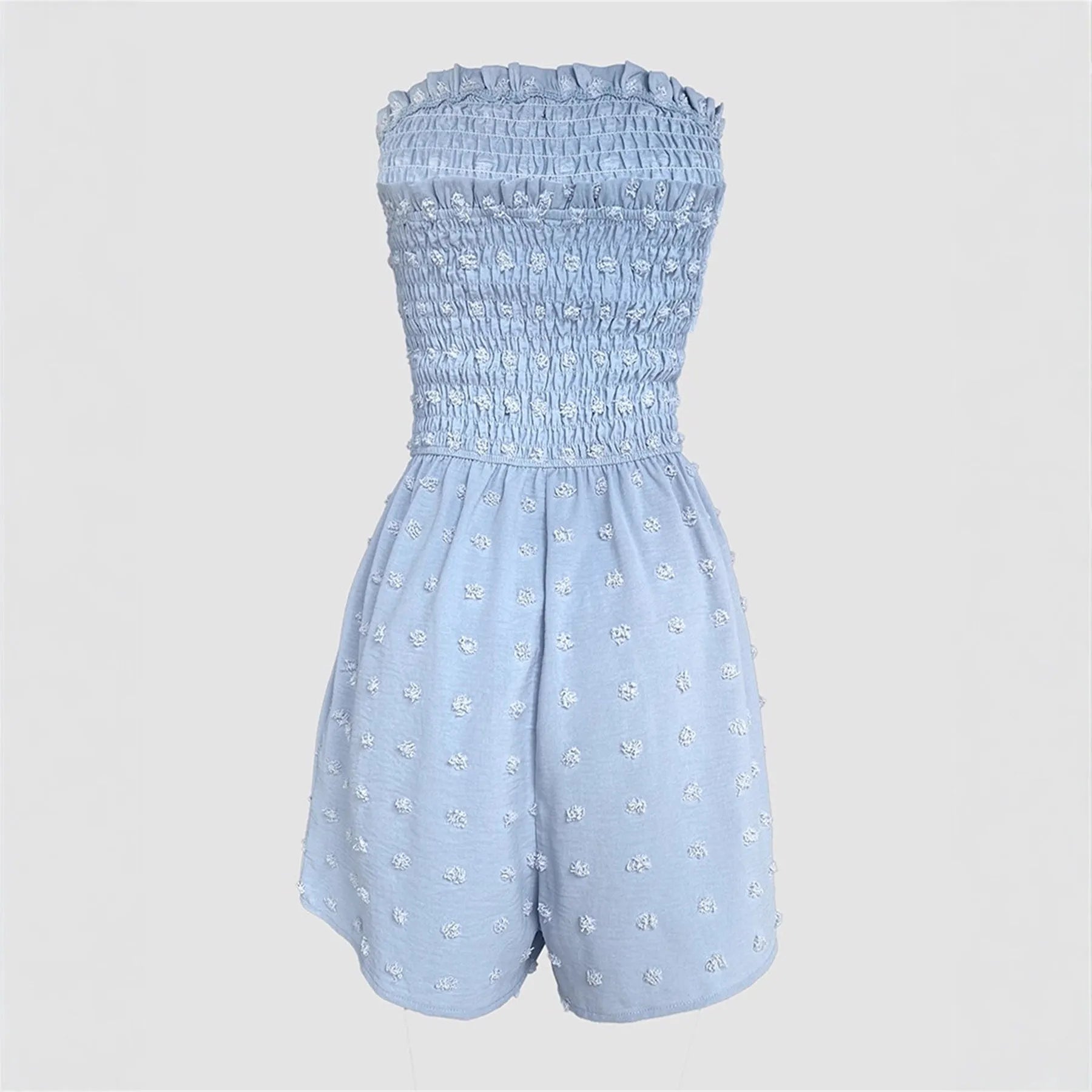 Women's blue off-shoulder jumpsuit with button detail and fifth pants length