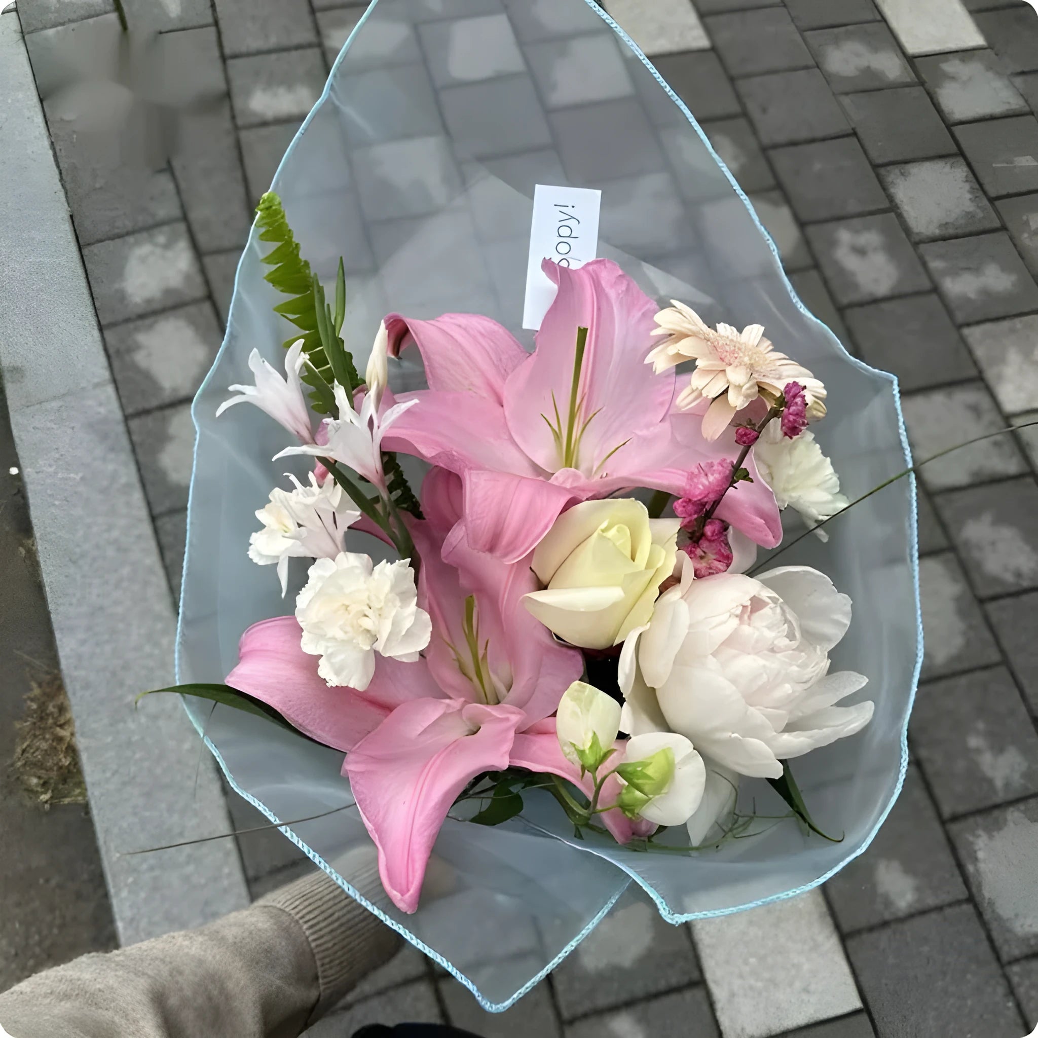 Silk fabric flower bouquet packaging bag with arabesquitic pattern, 60×60cm dimensions