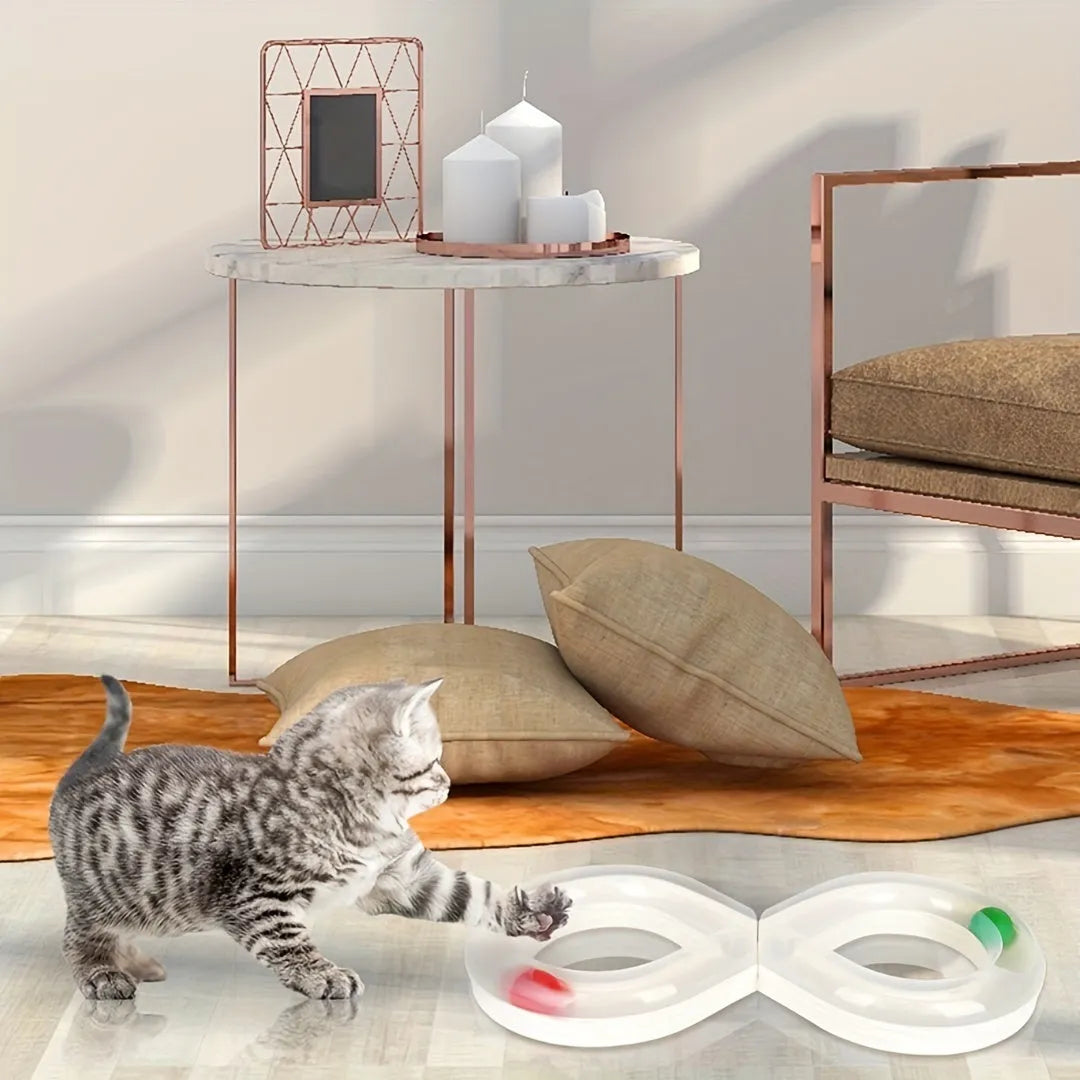 Blue and white cat turntable track toy with ball measuring 50cm long