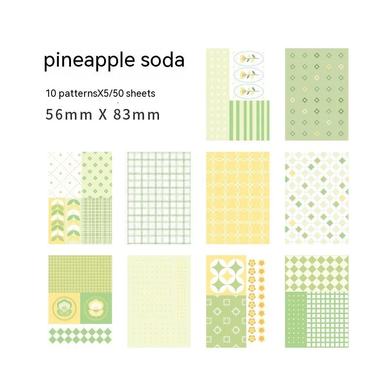 Pack of 50 retro sweet dessert themed note papers in ten pastel colours, each 56mm by 83mm.