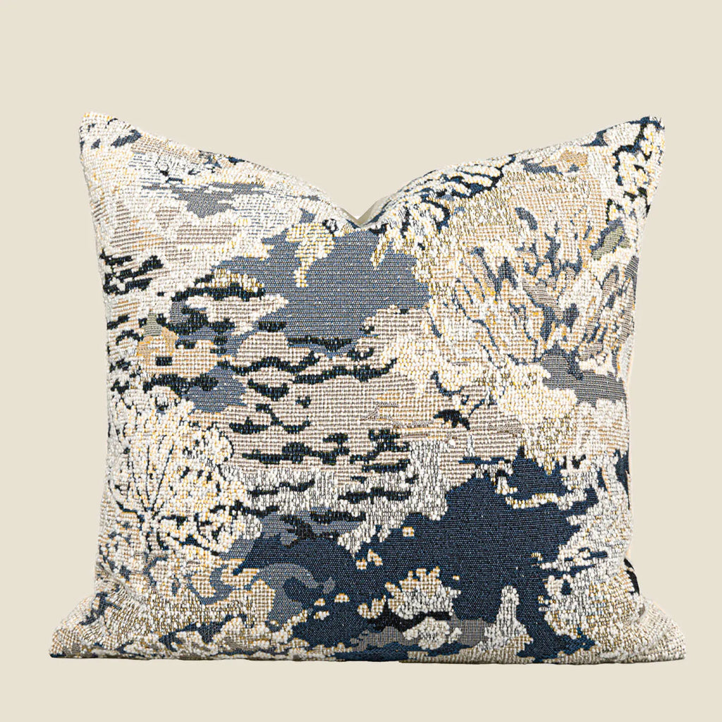 Antique blue square decorative cushion with abstract Chinese style floral pattern and wool blend fabric.