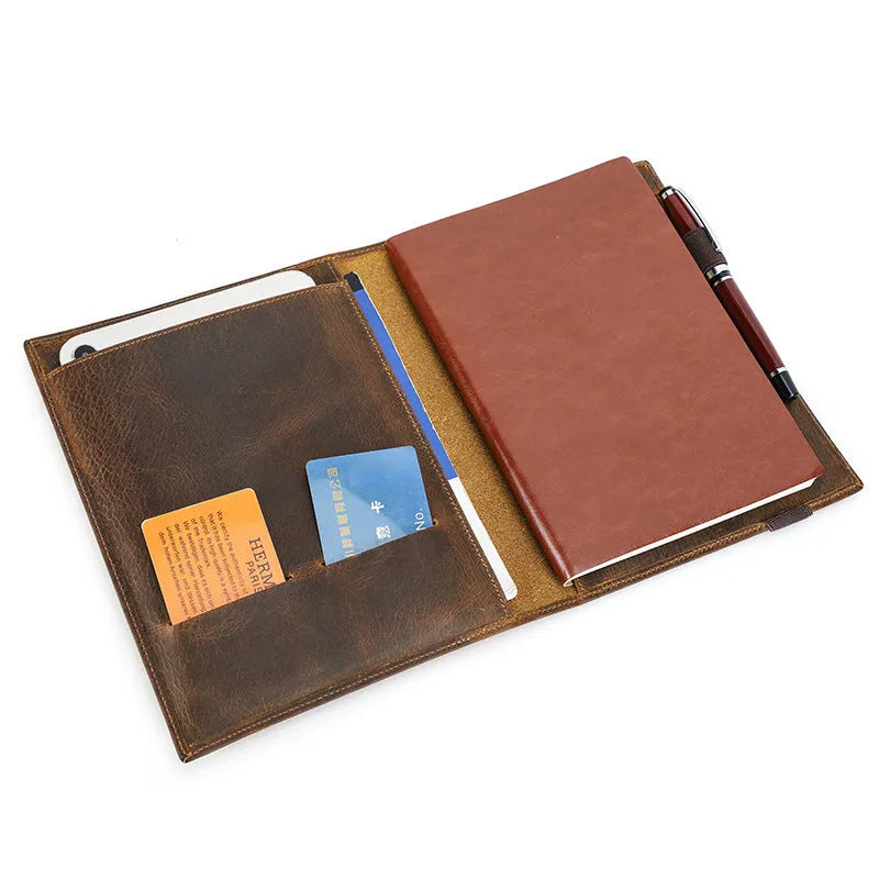 Brown Crazy Horse leather A5 notebook protective sleeve with square design and socket-type closure