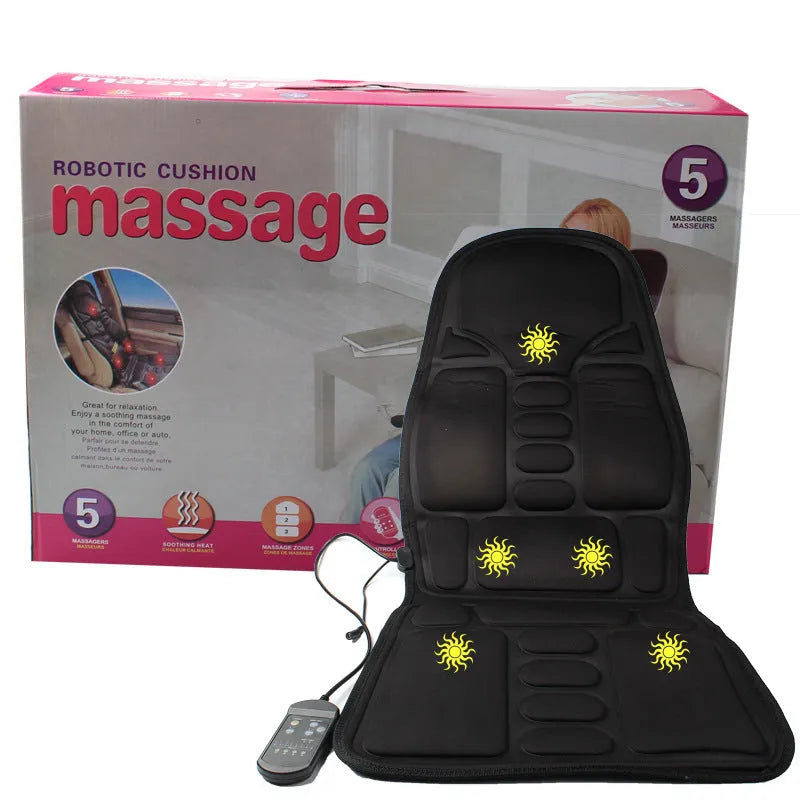 Black heating massage mat with infrared physiotherapy function and seat cushion on grey background