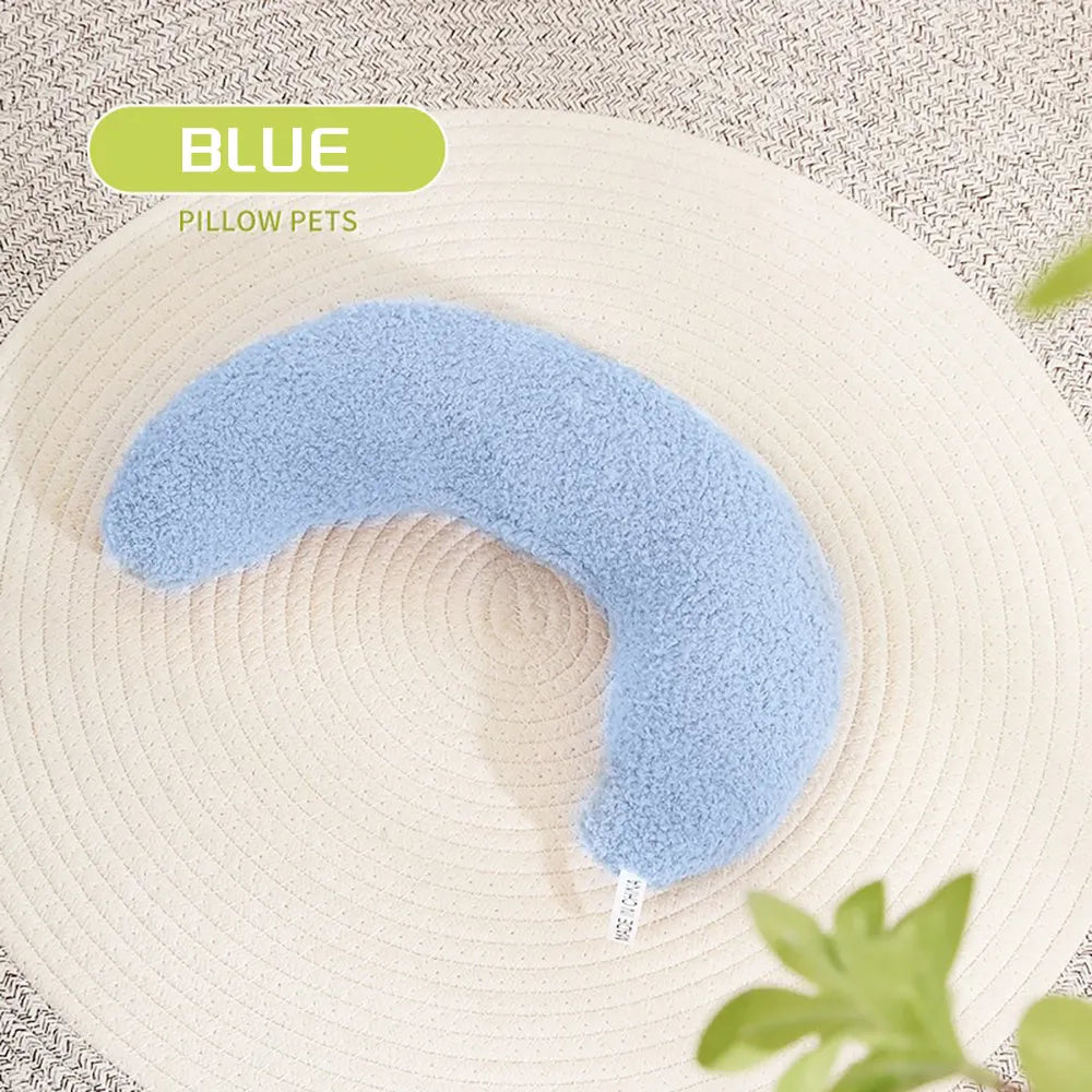 U-shaped blue cat pillow with adjustable collar for cervical support during feline sleep