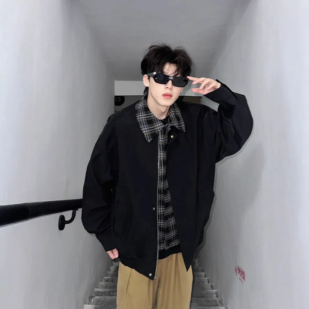 Men's spring-autumn fake two-piece jacket in black, loose fit, with side pockets and long sleeves