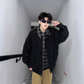 Men's spring-autumn fake two-piece jacket in black, loose fit, with side pockets and long sleeves