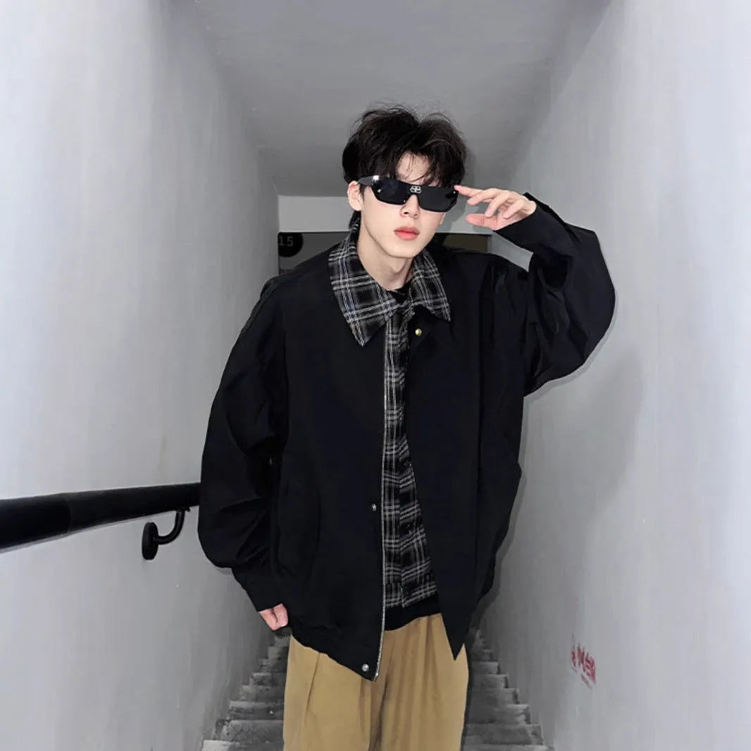 Men's spring-autumn fake two-piece jacket in black, loose fit, with side pockets and long sleeves