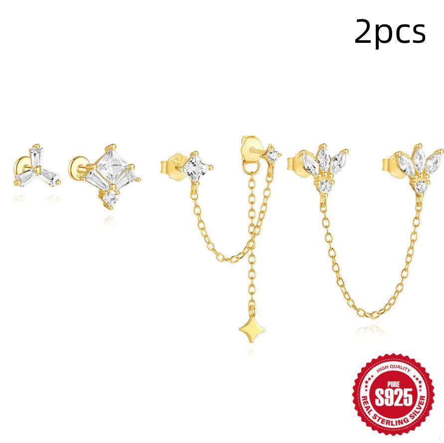 S925 sterling silver stud earrings with zircon stones and chain design for double piercing in golden colour