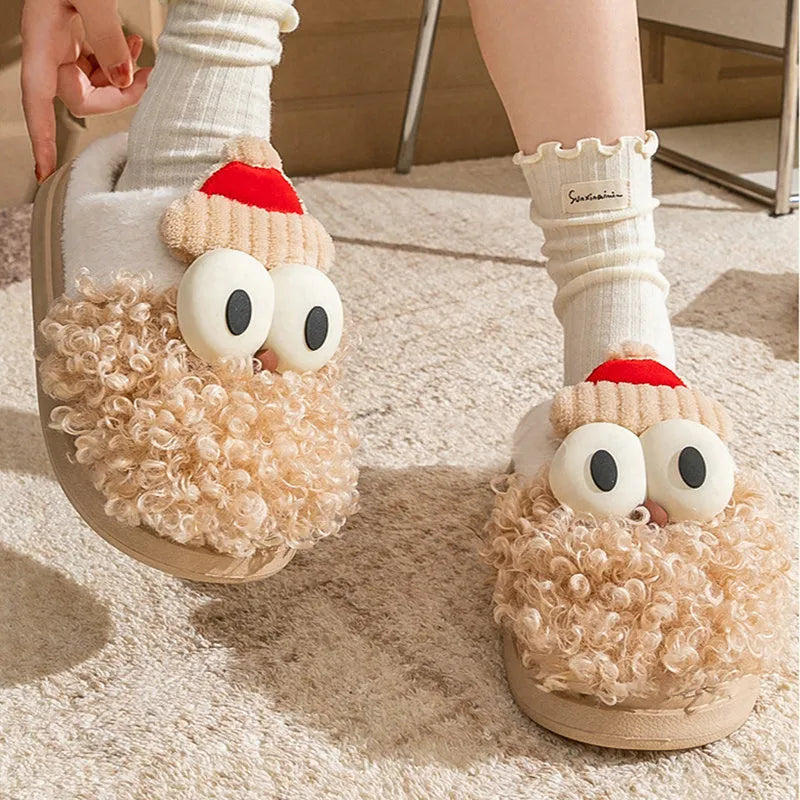Cartoon bearded Santa Claus plush slippers with non-slip TPR sole in blue colour