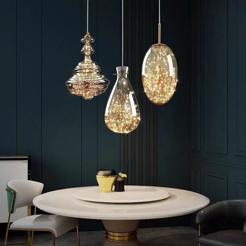 Modern simple style glass chandelier ceiling lamp with adjustable cord and remote control.