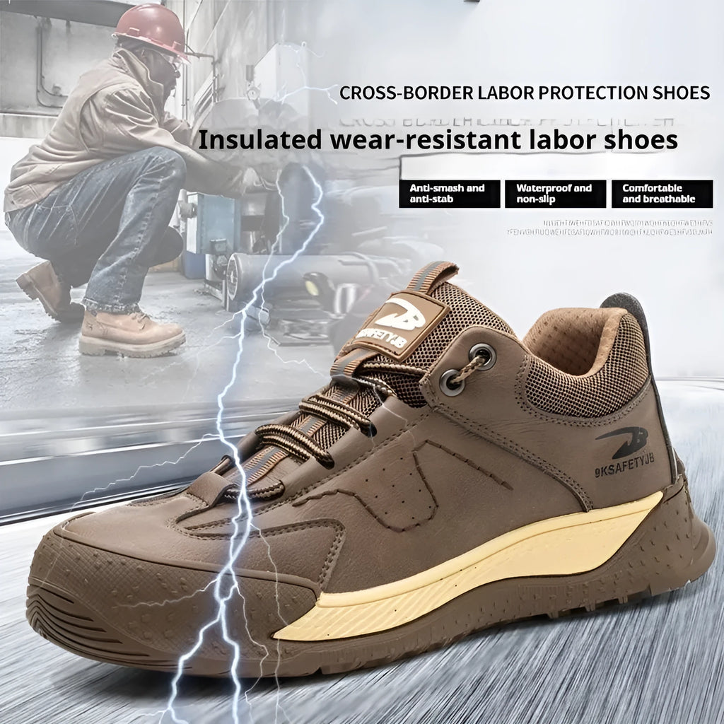 Flyknit work safety shoes in leather with rubber sole for construction and warehouse use