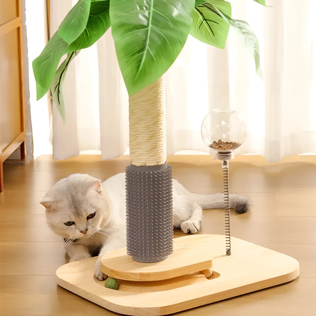 Wooden cat scratching post in canna colour showing vertical pole design