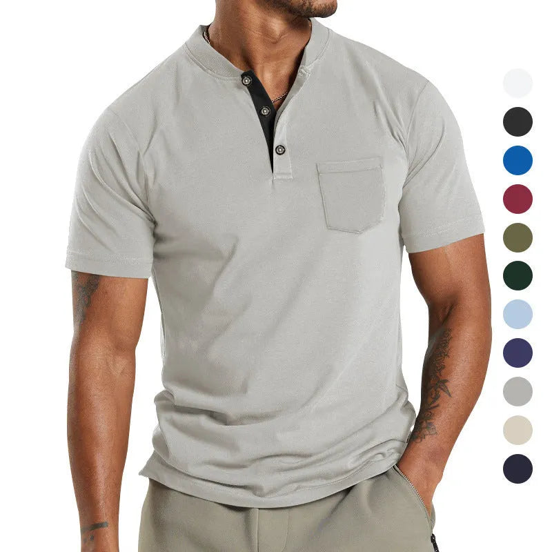 Plus size man modelling a solid colour short sleeve shirt with a chest pocket.