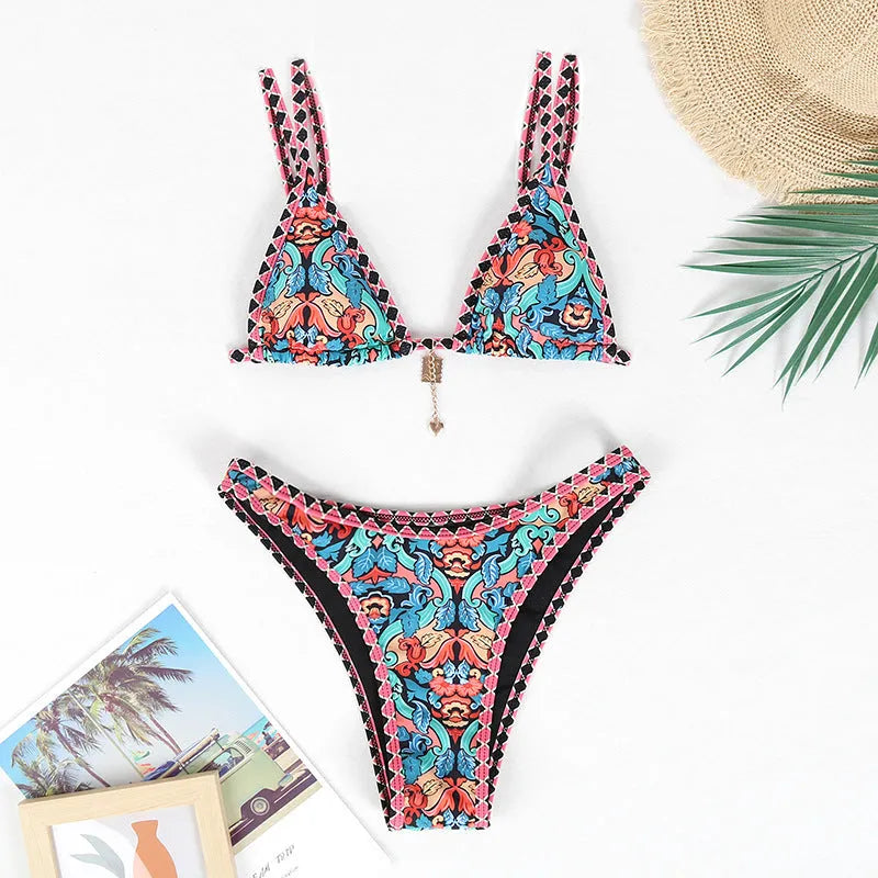 Retro four-colour printed women's bikini swimwear in briefs style.
