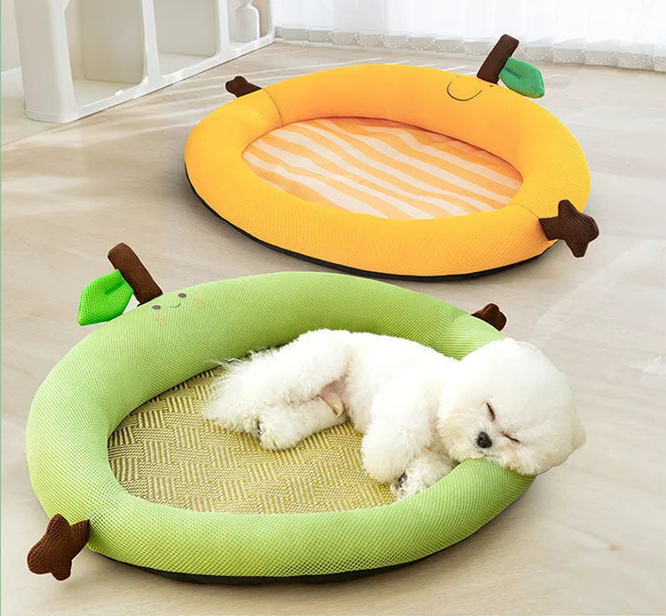 Green pet cooling bed with fruit-shaped backrest in large size for dogs