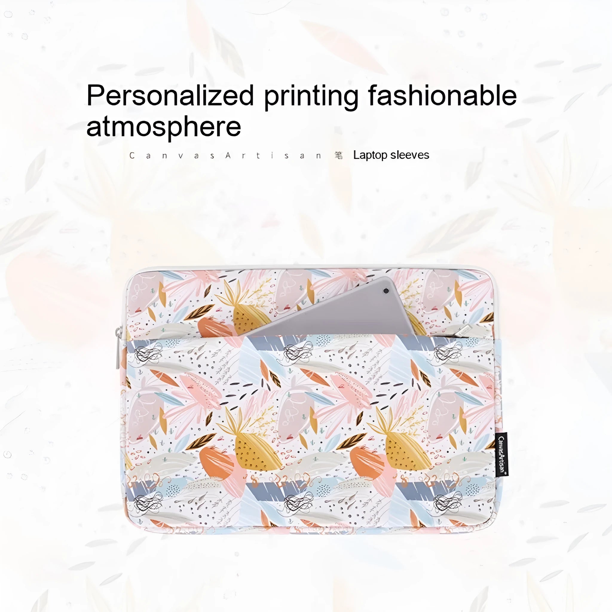 White PU leather laptop inner bag for 14-inch computers, shown with size options for 11, 12, 13, 14, and 15 inches.