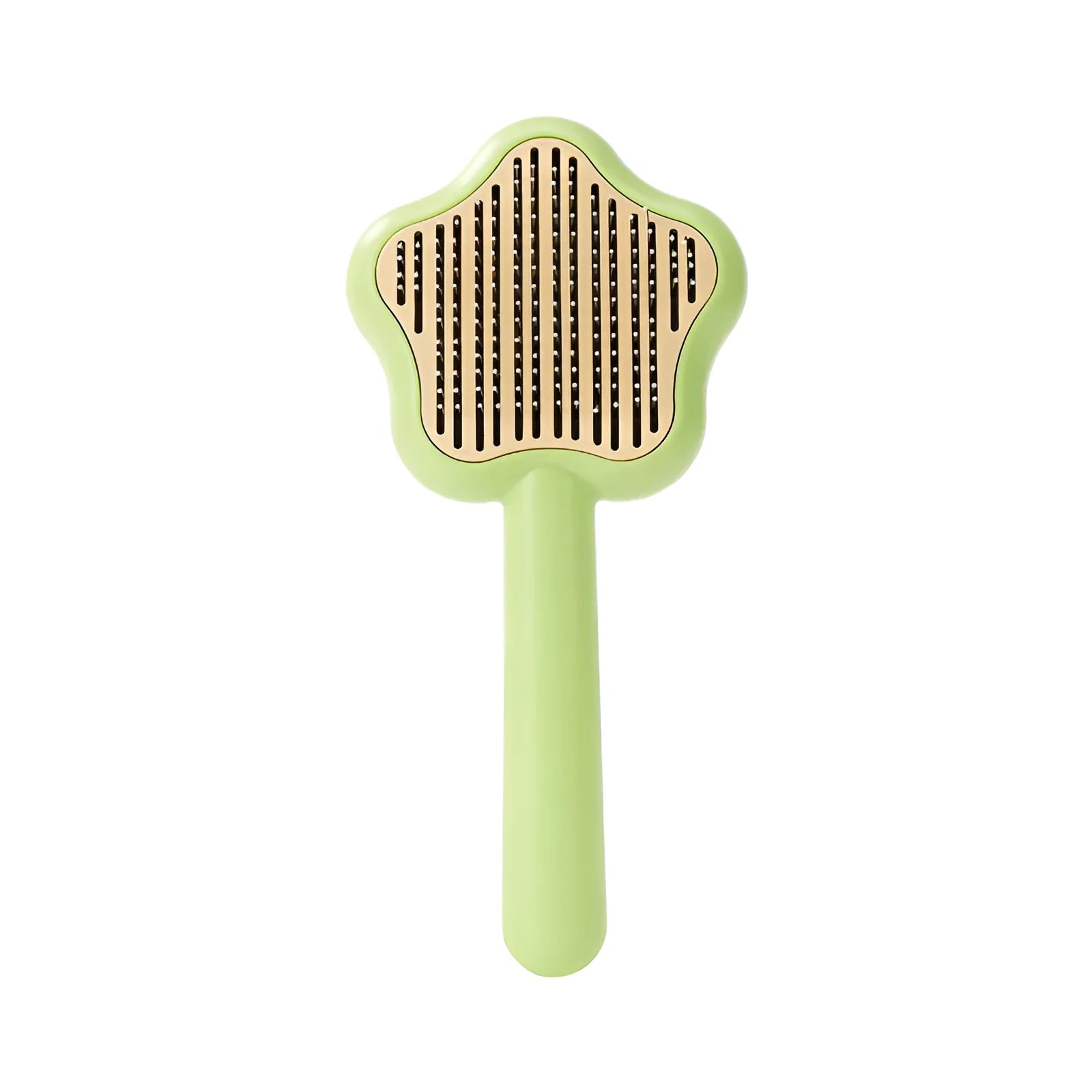 Green and yellow self-cleaning cat grooming comb with stainless steel needles on a white background.