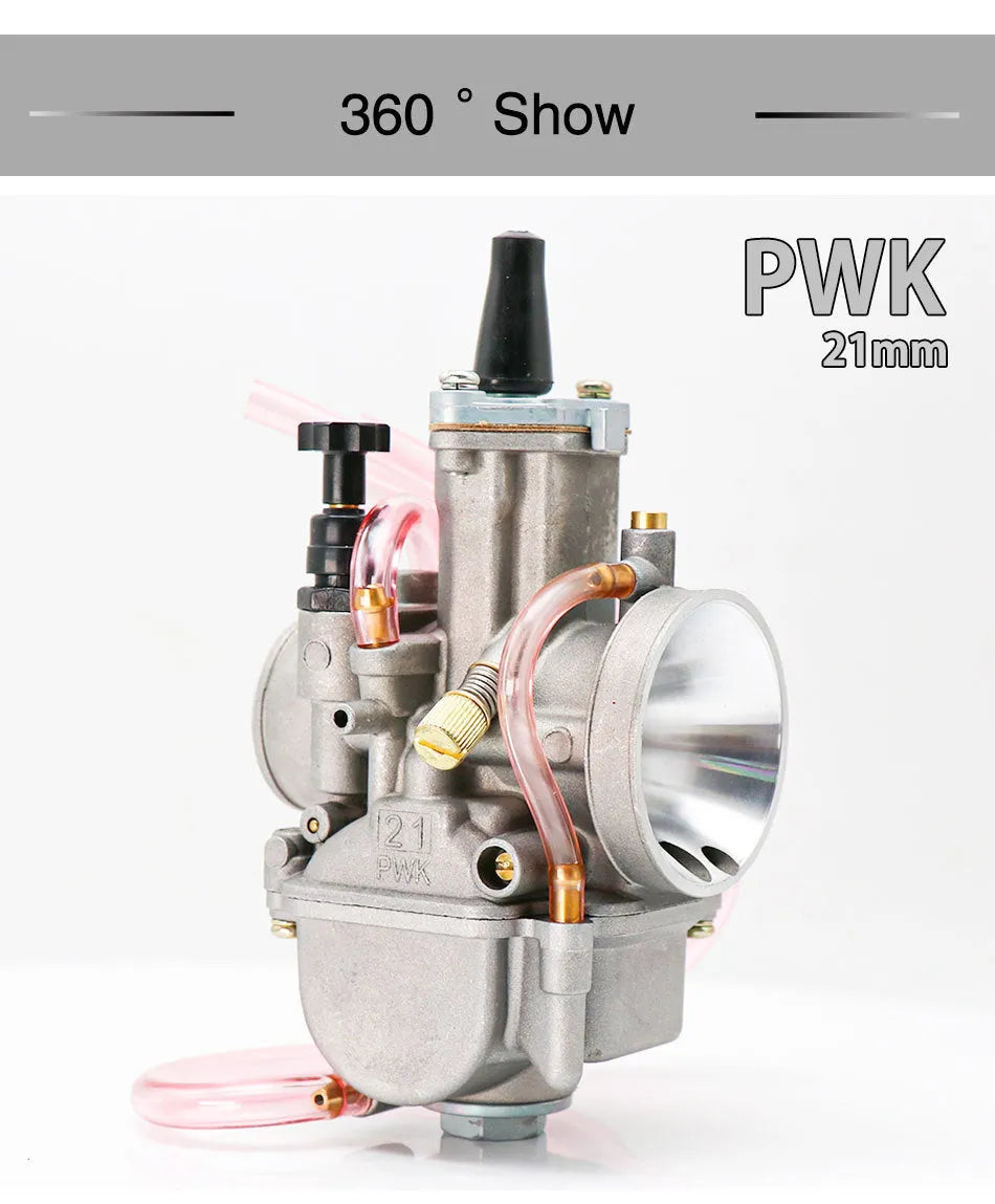 PWK sandblasted motorcycle carburetor for performance modification, showing seven size options from 21mm to 34mm.