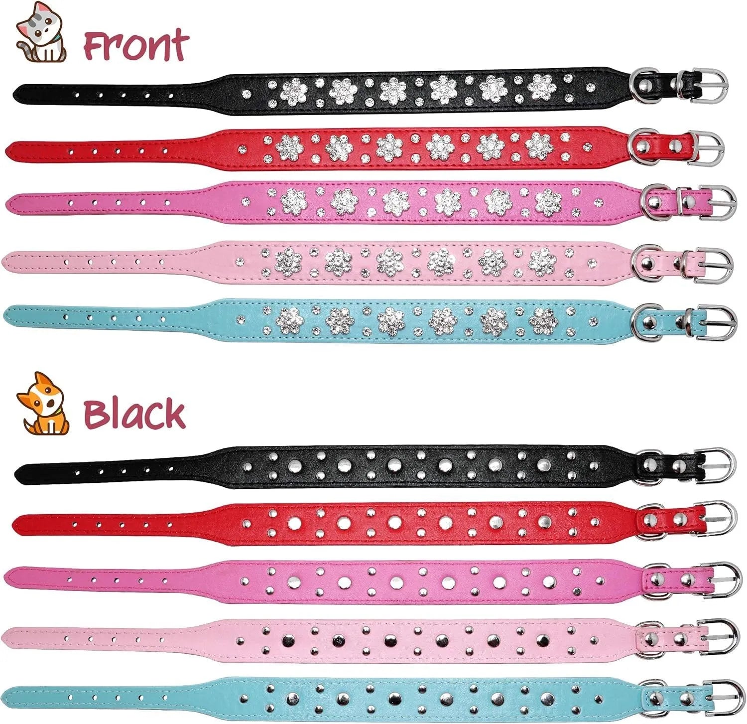PU leather dog collar with rhinestone flower studs in black, showing metal D-ring and adjustable eyelets.