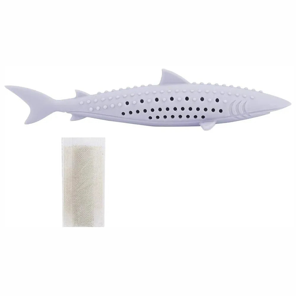 Green silicone fish-shaped interactive chew toy for cats with breathable side holes