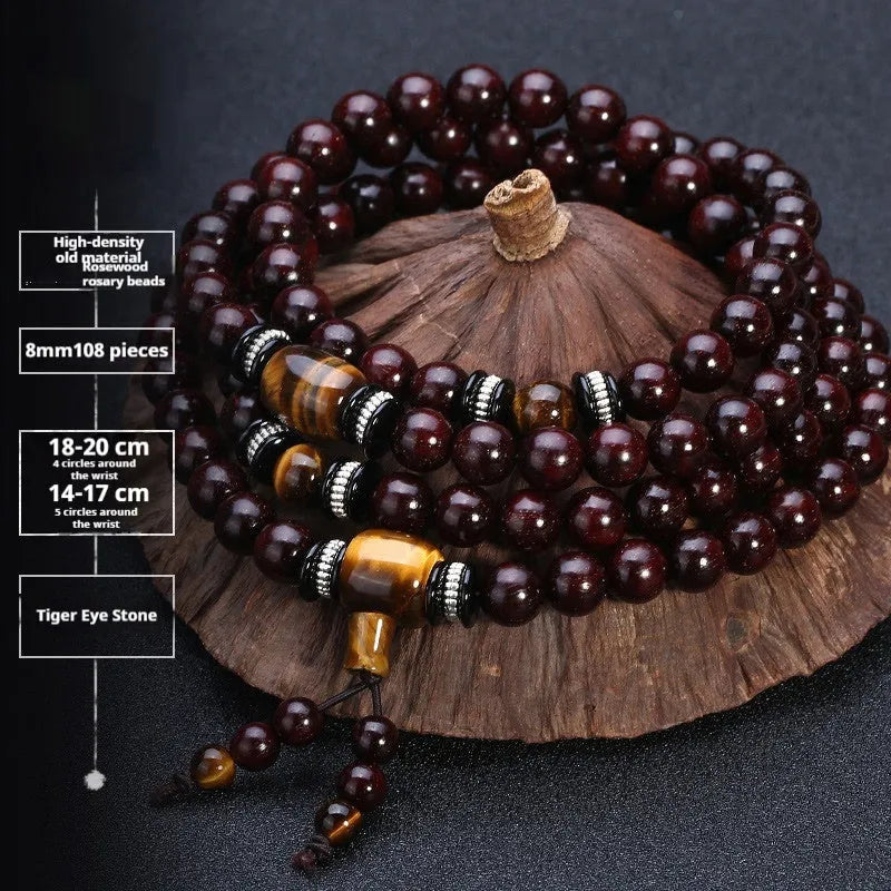 Men's rosewood bead bracelet with 108 beads, shown in a choice of lapis lazuli, turquoise, or red agate styles.