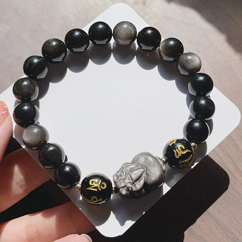 Silver stone men's bracelet with engraved zodiac symbols and Chinese proverbs on adjustable cord