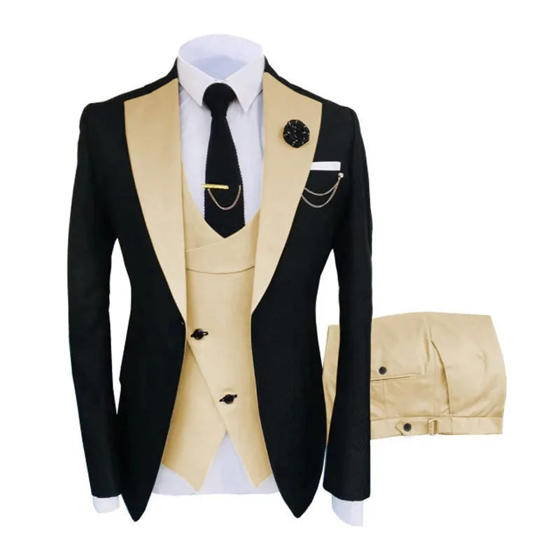 Men's slim fit three-piece cotton suit in business style with coat, vest and trousers