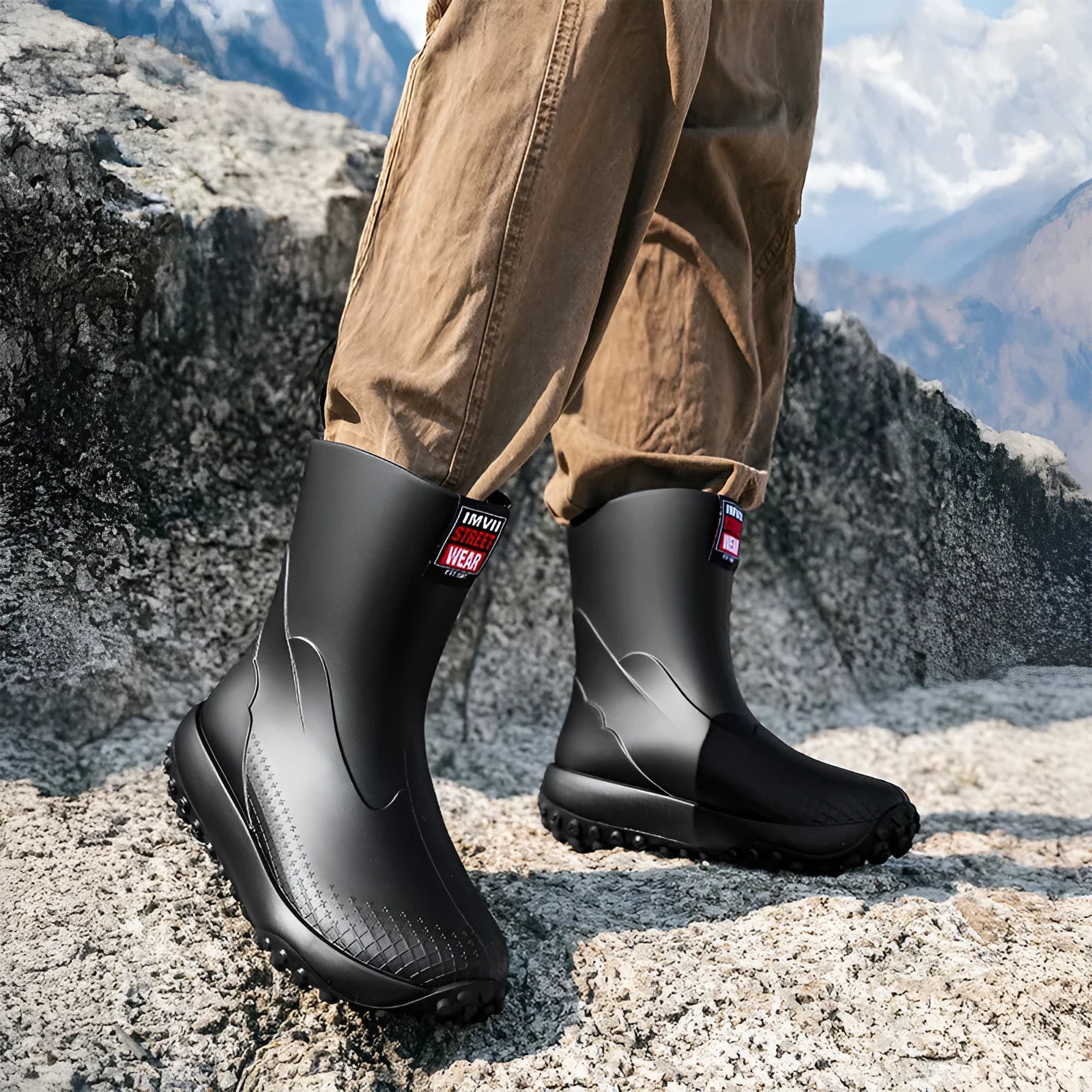 Men's mid and low tube rain boots in black, waterproof PVC with non-slip plastic sole on wet ground