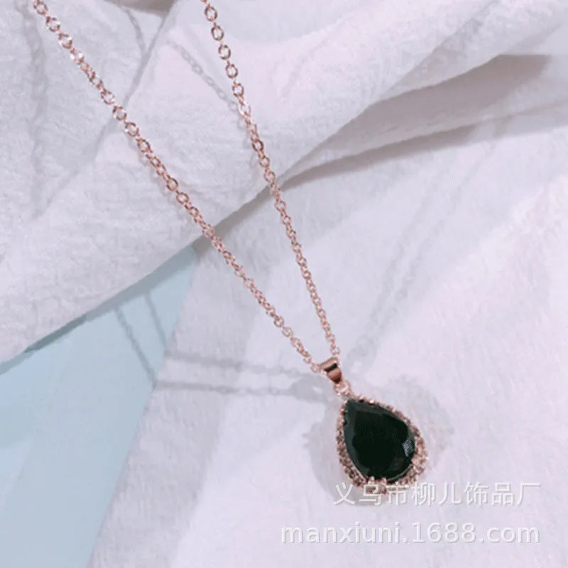 Women's rose gold water drop rhinestone necklace with geometric design and artificial gemstone inlay