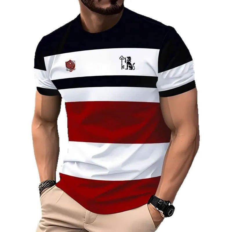 Men's striped short-sleeved t-shirt with digital 3D printing in loose fit polyester