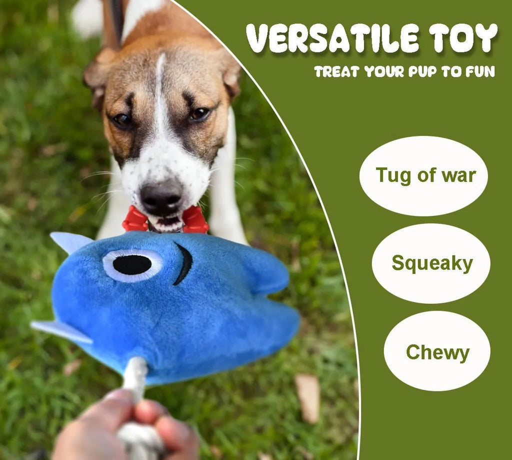 Blue and green plush monster dog toy with rope tug handles