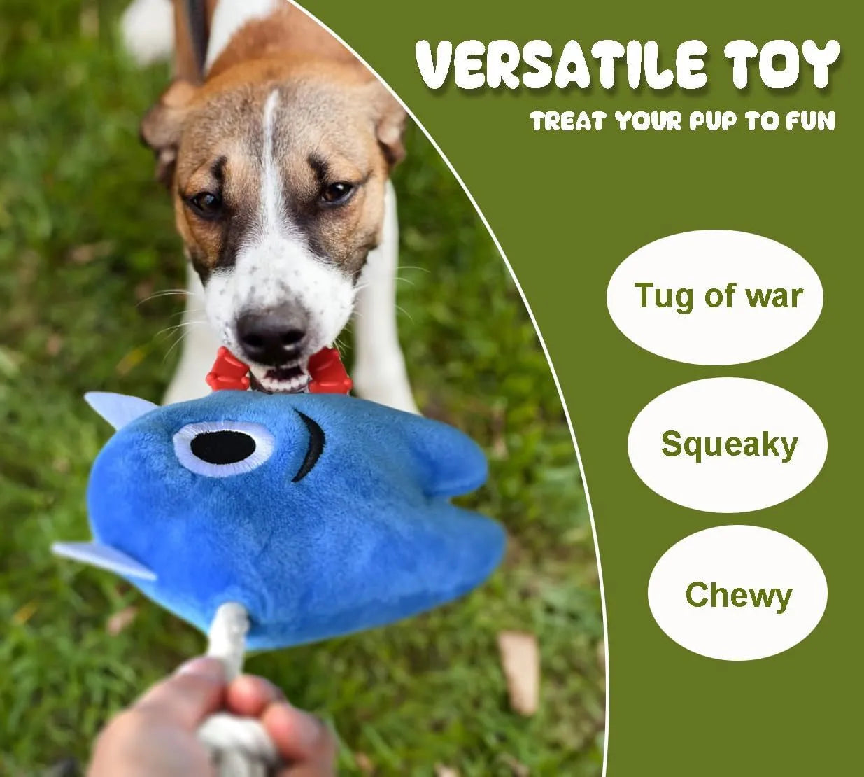 Blue and green plush monster dog toy with rope tug handles