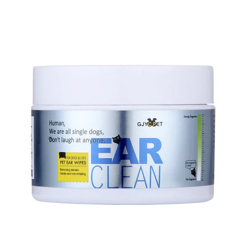 Pet cleaning set with bottled foot foam, ear cleaner, deodorant spray, and packs of pet ear and eye wipes