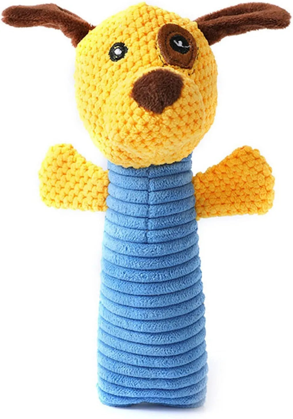 Soft plush squeaky dog chew toy in animal shape for dental care and play.