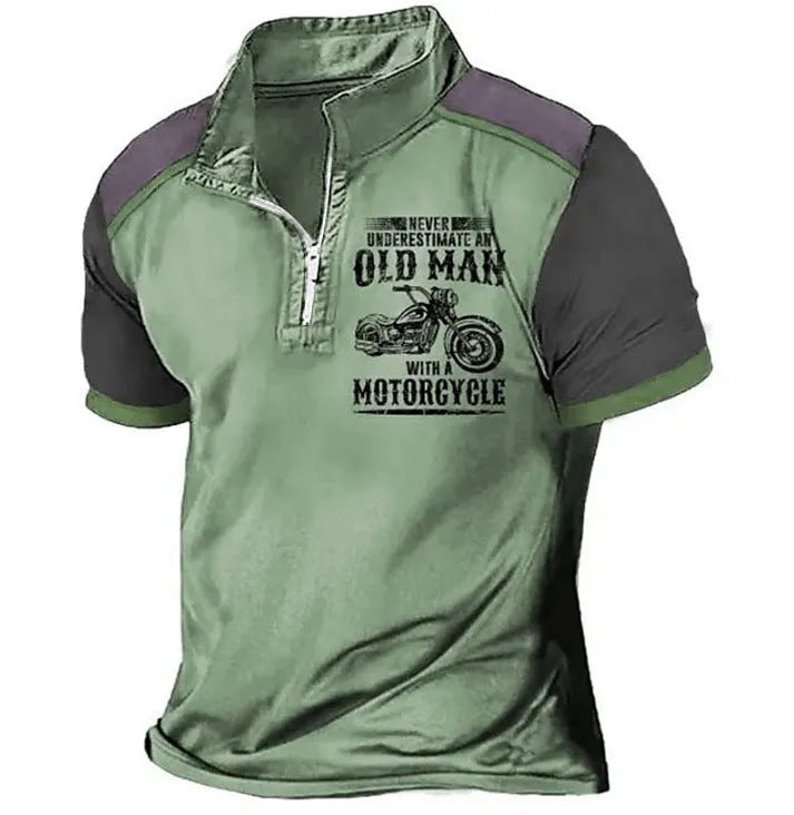 Men's casual polo shirt with digital letter pattern and zipper decoration on the lapel.