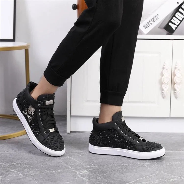 Men's black genuine leather high top skeleton shoes with lace-up front and rubber sole.