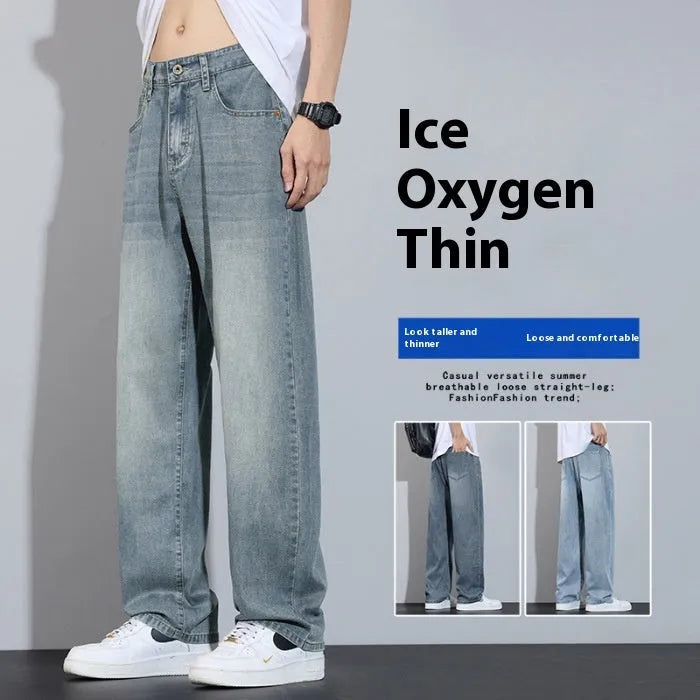 Straight leg casual trousers in denim ice silk fabric with wide leg cut