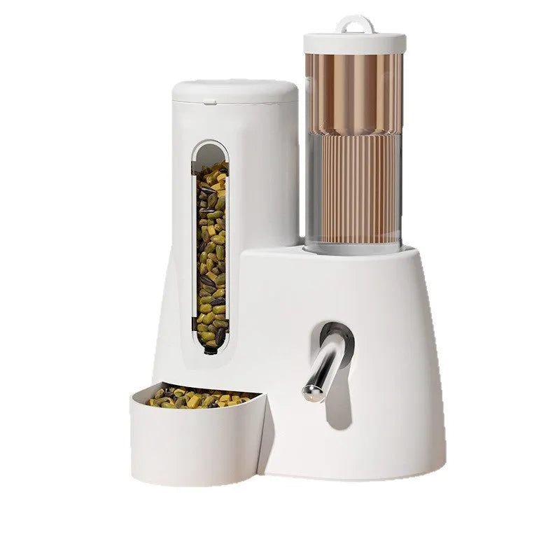 White, blue, and pink hamster automatic water feeder and food basin set on a white background.
