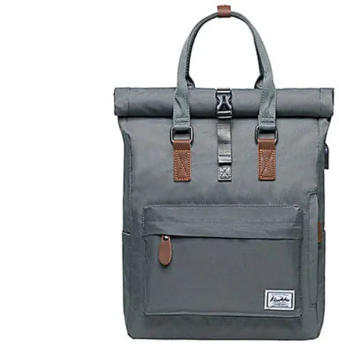 Men's casual polyester backpack in black showing cover-type opening and laptop pocket
