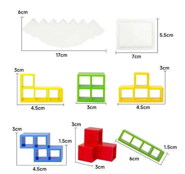 Balance stacking board game with 16 plastic coloured building blocks, base and chassis on a flat surface