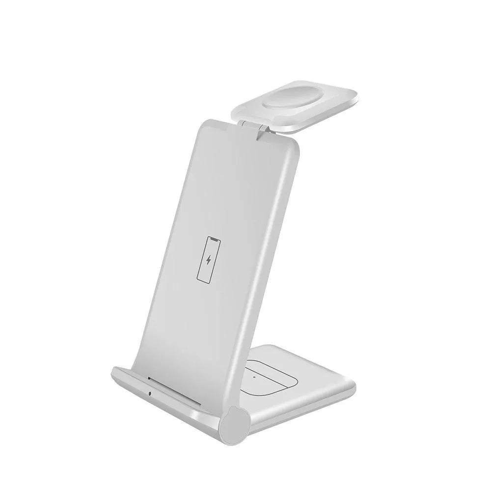 Black and white 3-in-1 foldable wireless charging station for phones AirPods and Apple Watch