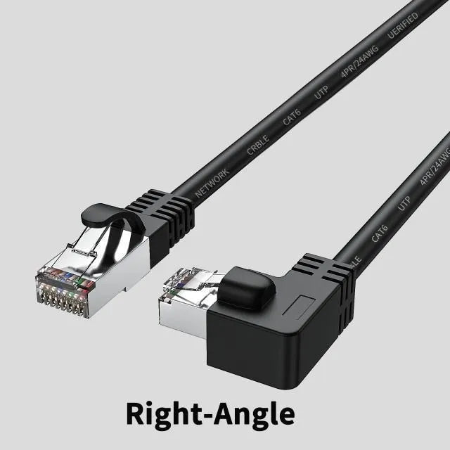 Cat6 Ethernet cable with angled RJ45 connectors in various colours and lengths on a grey background