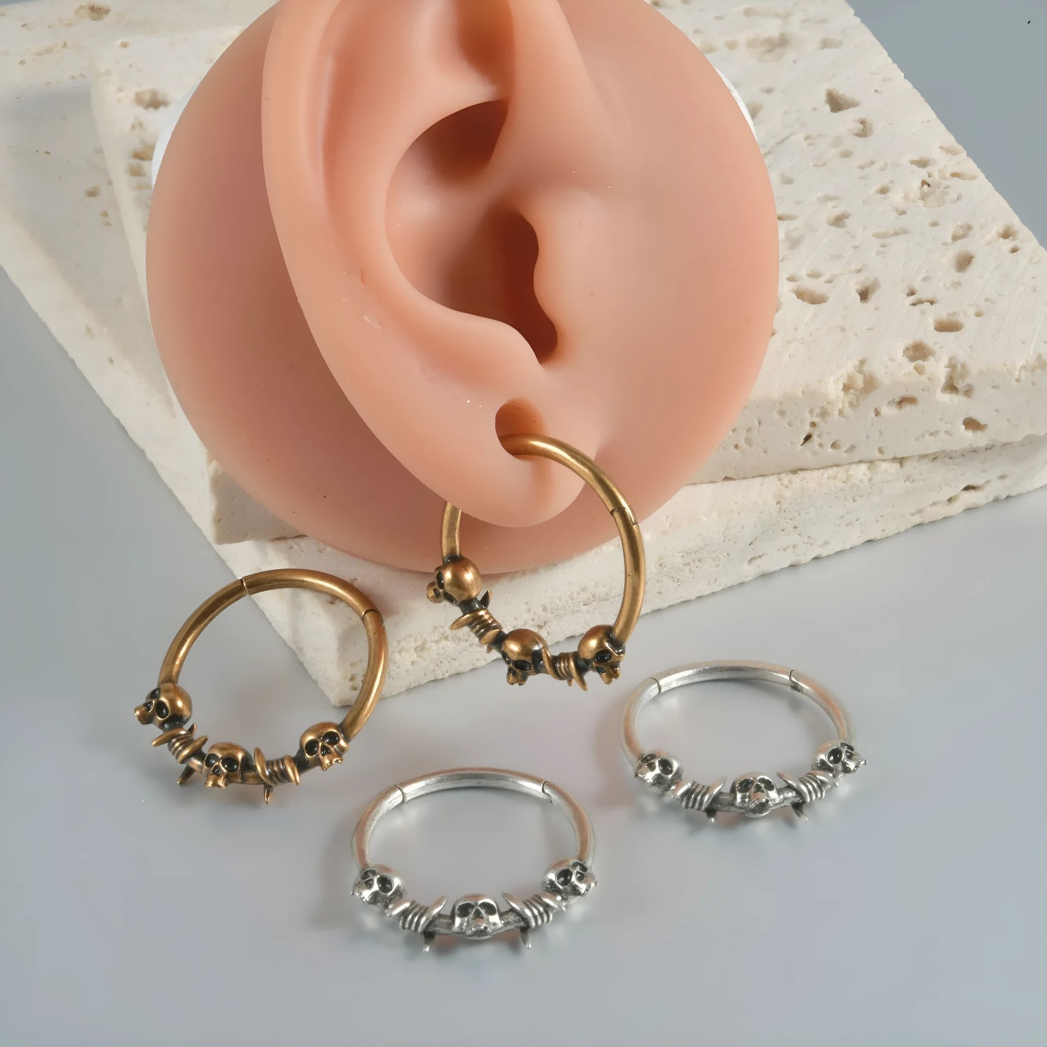 Copper punk earrings with vintage ghost head designs in antique silver or ancient gold finish