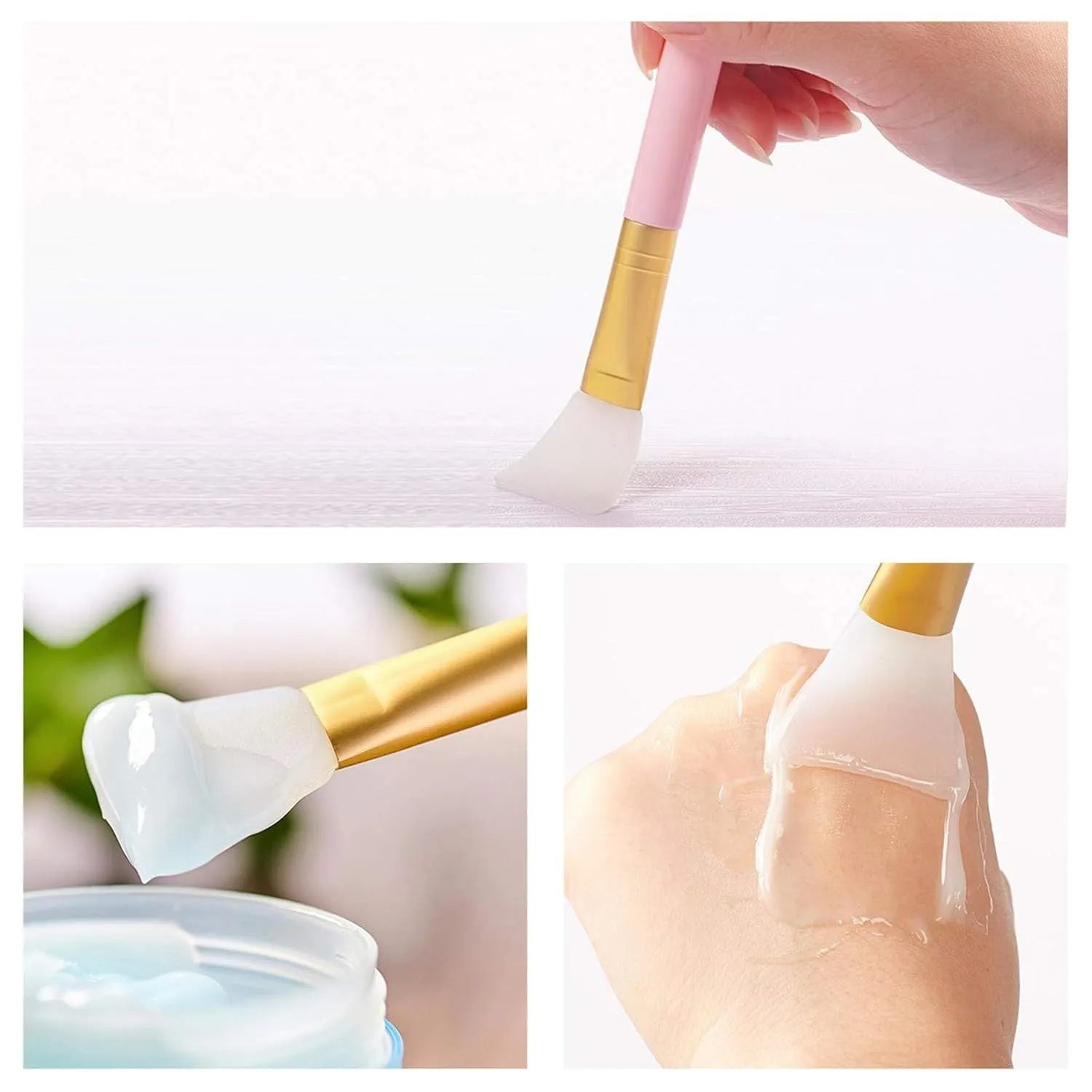 Reusable silicone face and body mask applicator spatula in assorted colours on a clean surface
