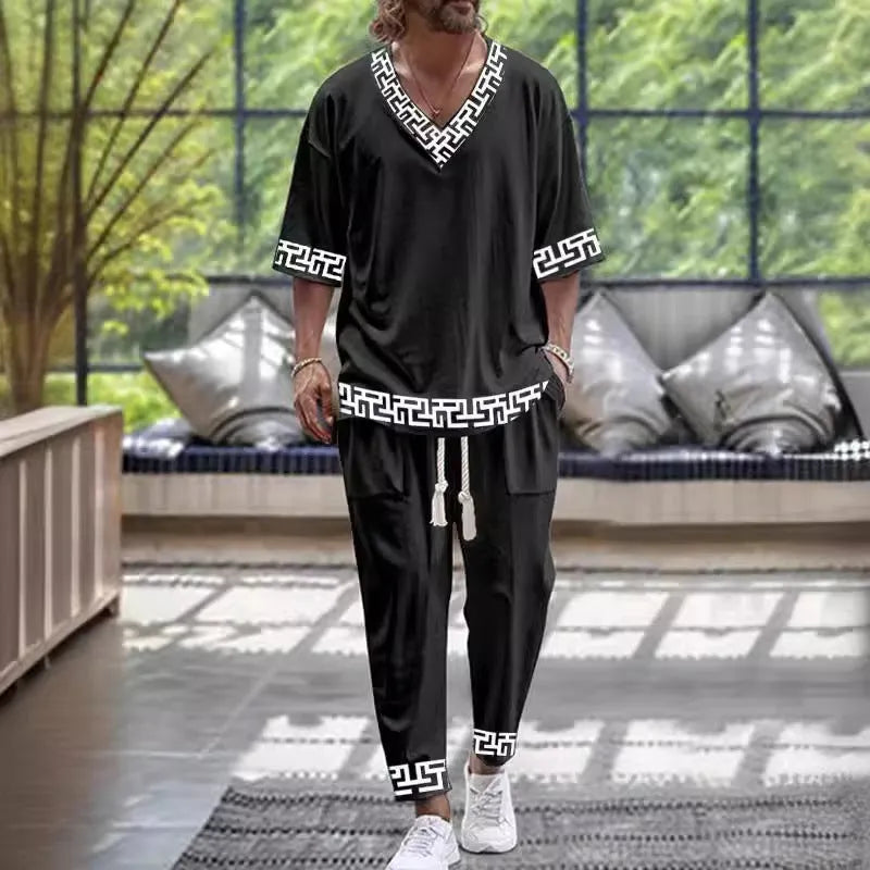 Men's cropped sleeve V-neck polyester suit in two-piece set with trousers