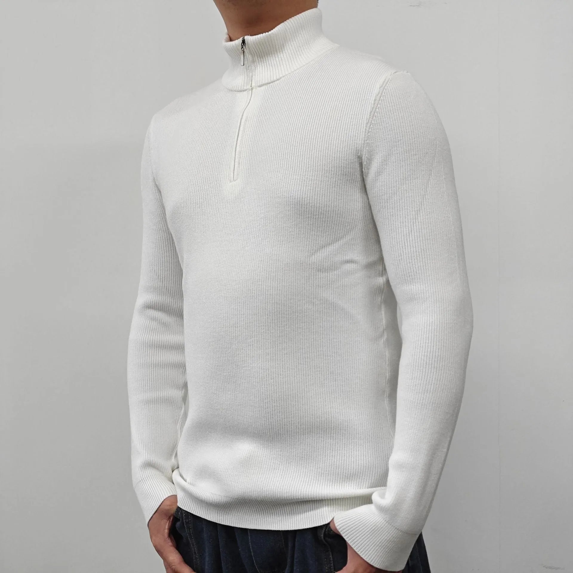 Men's half-turtleneck zipper sweater in cotton blend fabric shown in black, grey, green, orange, and white colours.