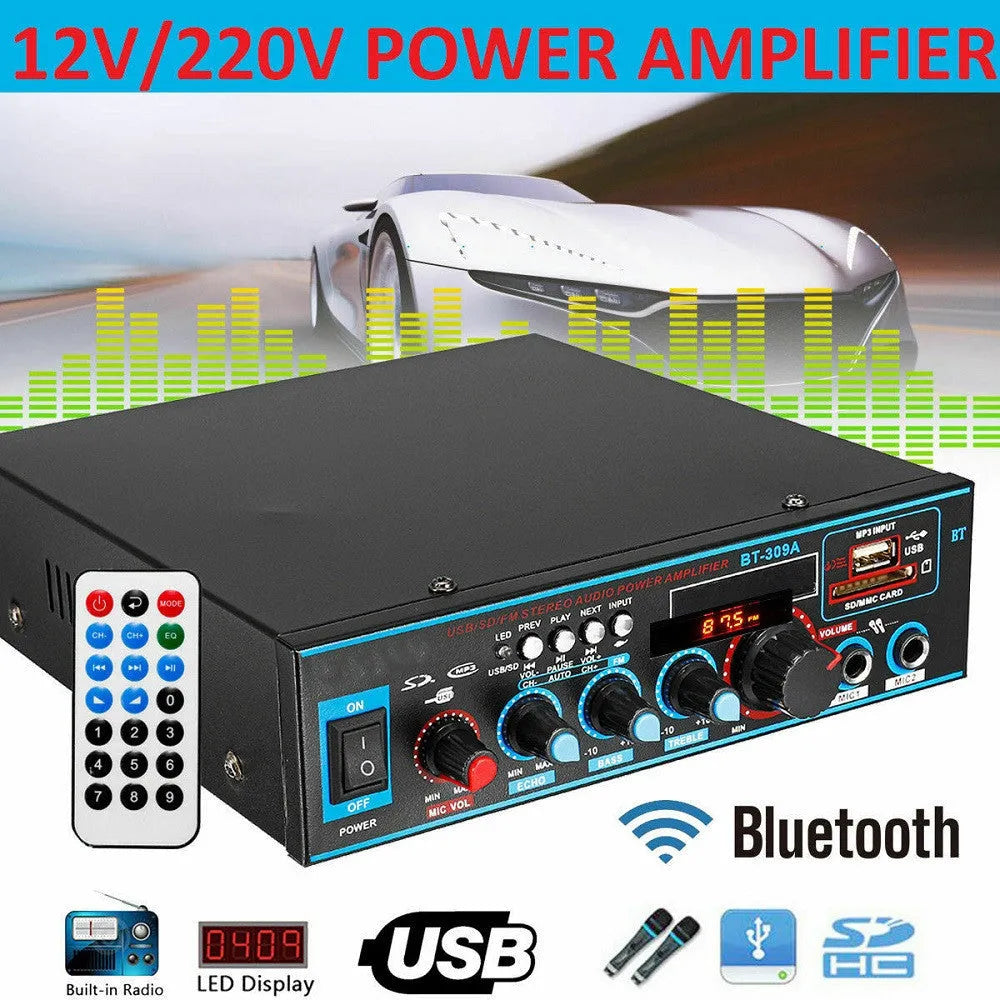 Black BT-309A-A Bluetooth power amplifier with front controls and wire clamp connections
