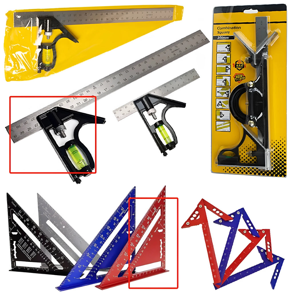 Red thin 7-inch metal combination angle ruler for civil surveying with metric graduation on both sides