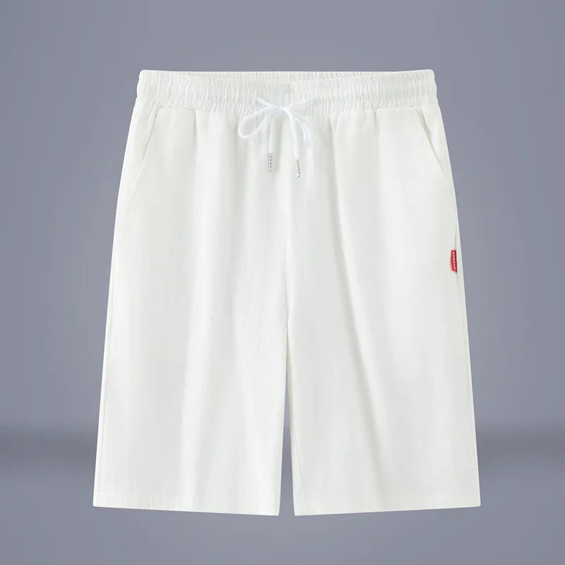 Chinese-style solid colour cropped trousers in cotton linen fabric with drawstring mid-waist