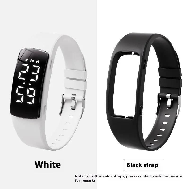 Electronic vibration alarm watch with LED display and silicone strap showing waterproof rating of 50 metres
